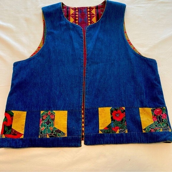 Denim Reversible Vest Gold Studs Southwestern Batik Boot Satin Blue Red SZ  L - Picture 1 of 9